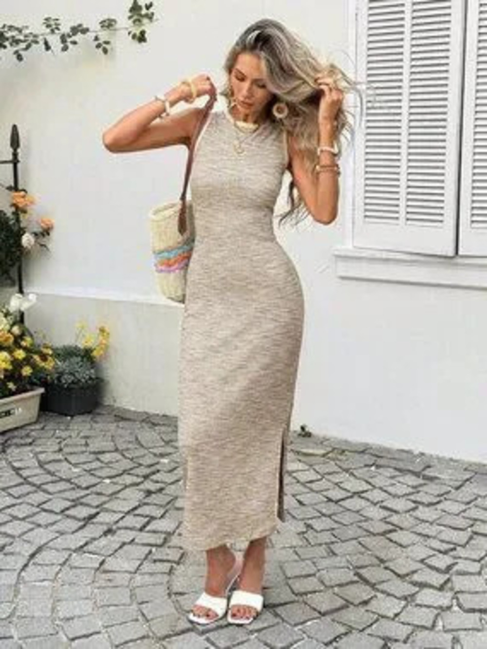 ZARA Khaki Casual Women's Waffle Sleeveless Midi dress